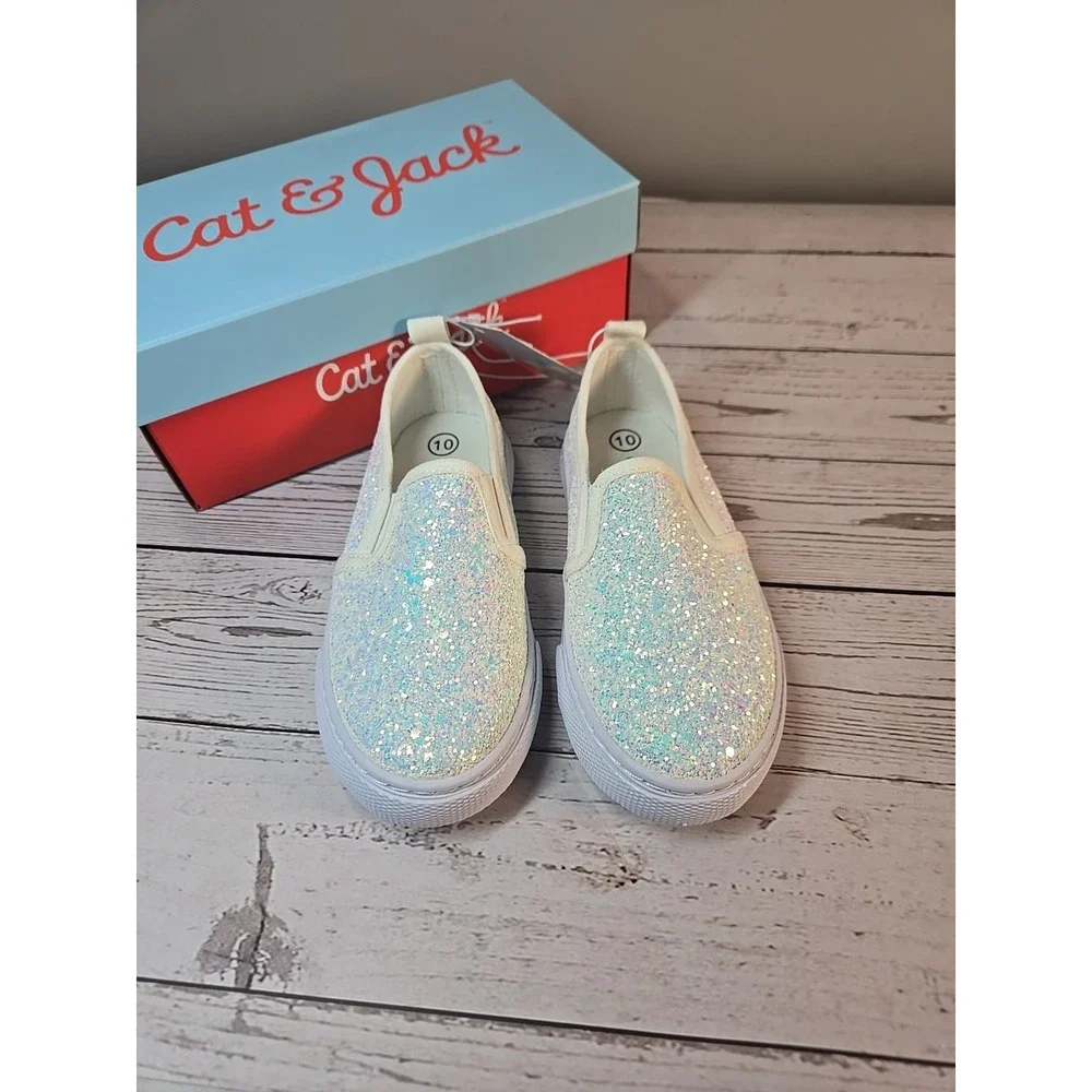Cat & Jack Girl Size 10 Madigan White Glitter Sparkle Slip on Casual Shoes *New*